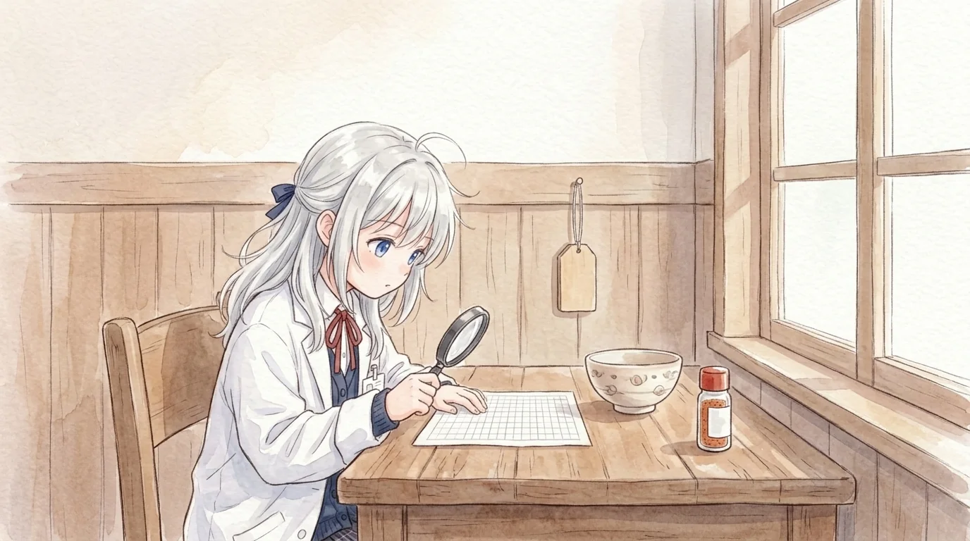研究室の机で、方眼紙を虫めがねでのぞきこむ知秋。机の端に丼と七味