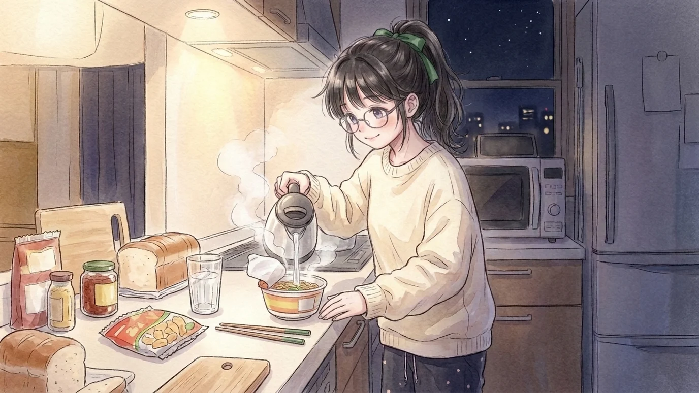 一葉：夜食。寮の台所で。湯を注いで三分、その間に帳面を一ページ。