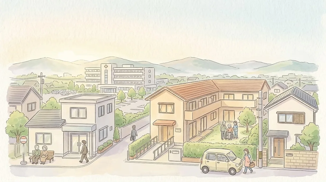 地方の町の一角。小さな診療所の前でバスを待つ高齢の人、スロープのある介護施設の庭で散歩する入居者と職員、訪問介護の車から家へ向かう職員、奥に大きな病院が見える水彩画