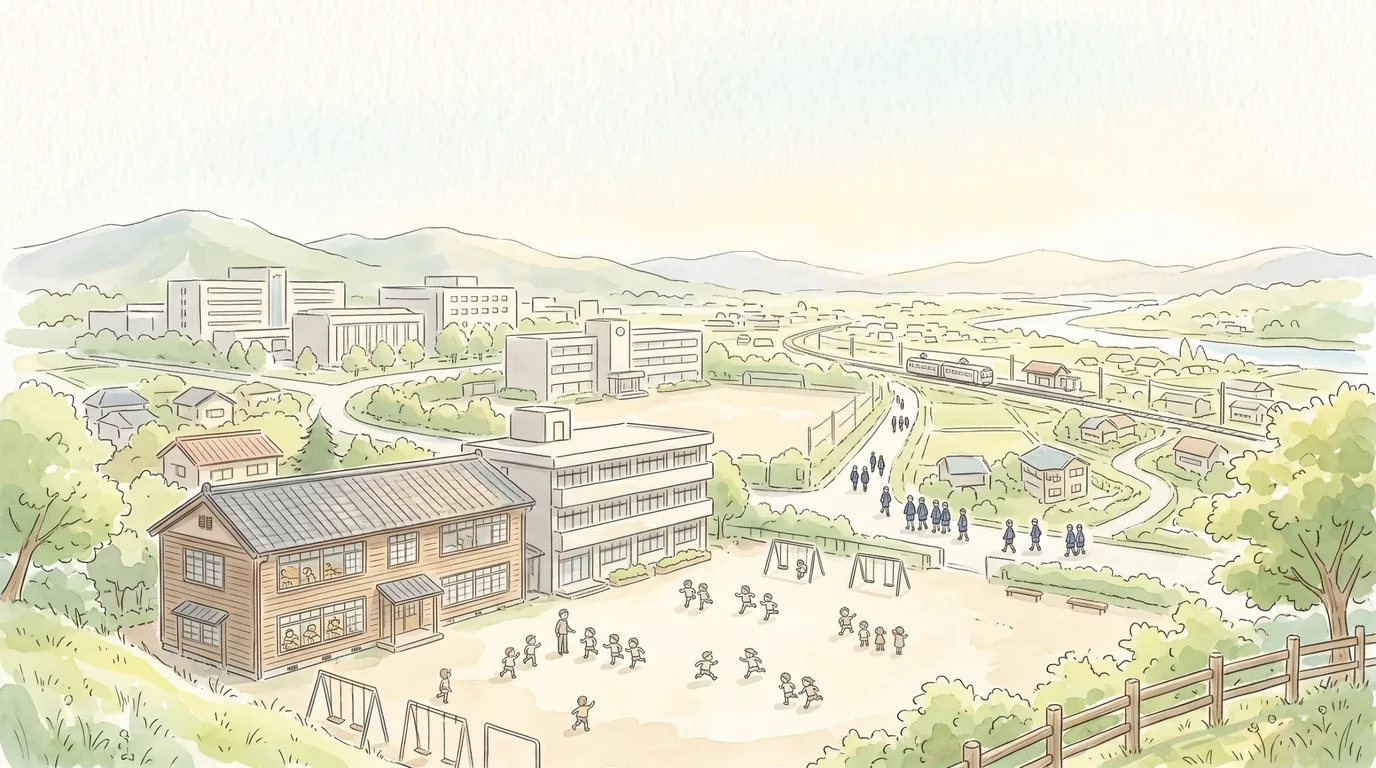 丘の上から見下ろした地方の町。木造と鉄筋の校舎が並ぶ小学校の校庭で子どもたちが遊び、奥の高校から駅へ制服の生徒が歩き、遠くに大学の建物が見える水彩画