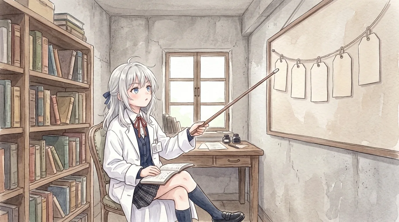 本棚のある木造の書庫。窓辺の机で帳面を開き虫めがねを手にした京が、板壁に糸でつながって下がる5枚の札を見上げる水彩画