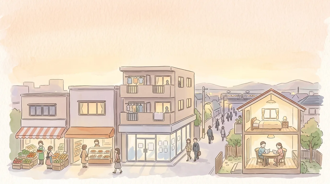 夕方の商店街と住宅地。八百屋と惣菜の店で買い物をする人、アパートと店の前を歩く会社帰りの人、断面で見せた一軒家の食卓で家計簿を広げる夫婦の水彩画