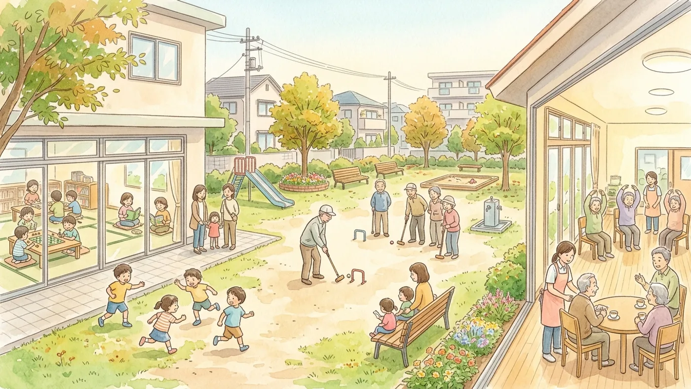 公園をはさんで、左の児童館で遊んだり本を読んだりする子どもたち、右のデイサービスで体操やお茶をするお年寄り、中央でゲートボールをする人たちを描いた水彩画