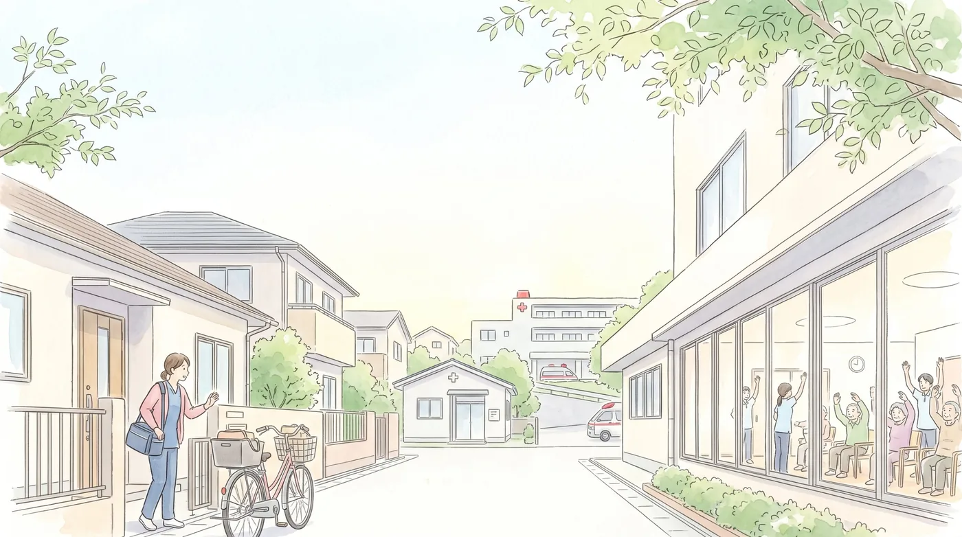 住宅街の朝。訪問看護の人が自転車で家の玄関先に着き、向かいの介護施設の窓の中ではお年寄りと職員が体操をし、奥に小さな診療所と救急車のとまる病院が見える水彩画