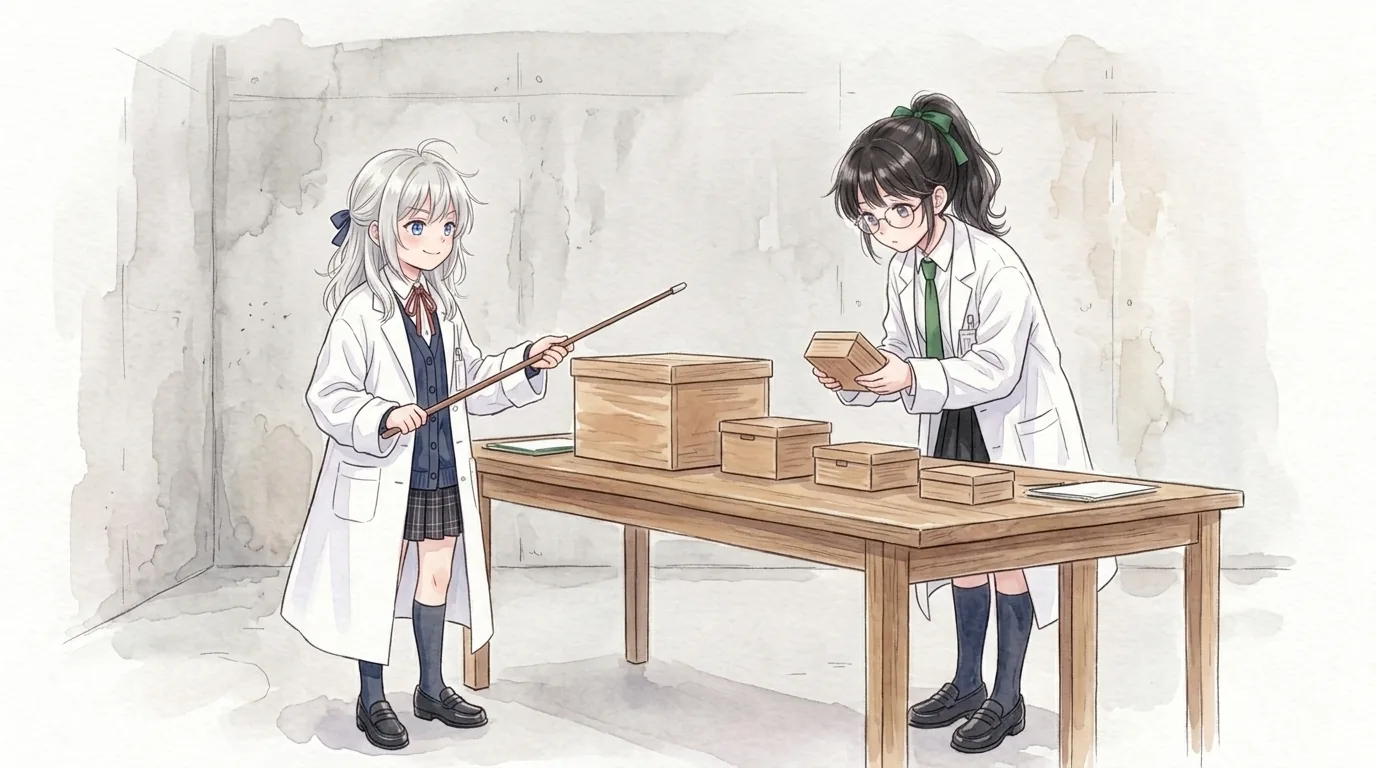 木の机に大きさの違う木箱が並び、知秋が指し棒で大きい箱を指し、一葉が小さい箱を手に取って見くらべる水彩画