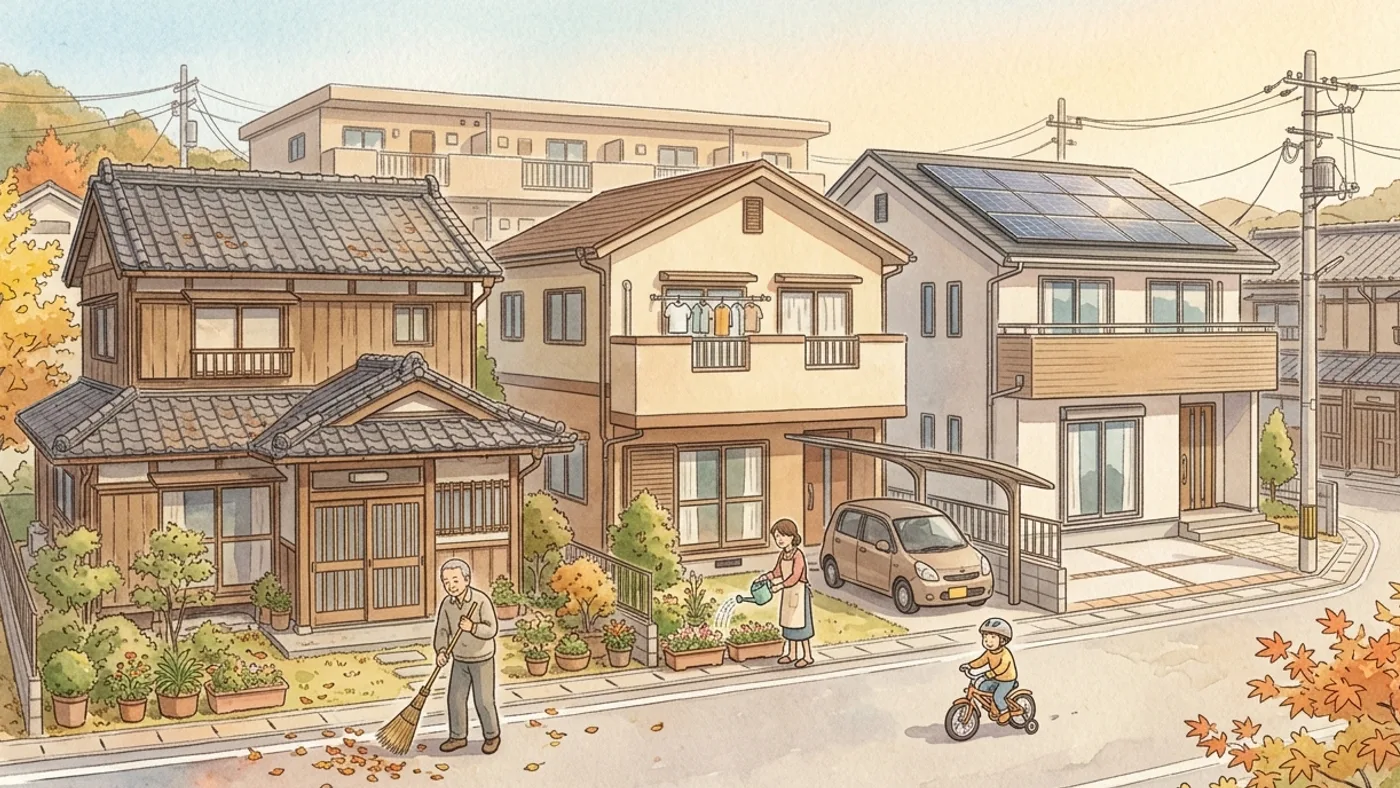 秋の住宅街に、瓦屋根の古い木の家、ベランダのある家、屋根に太陽光パネルを載せた新しい家が並び、落ち葉を掃くお年寄りと水やりをする人、自転車の子どもを描いた水彩画