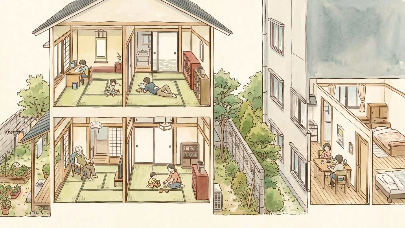 庭のある二階建ての家を断面で見せた畳の部屋で家族が思い思いに過ごし、塀の向こうの集合住宅の一室では二人がダイニングで食事をしている水彩画