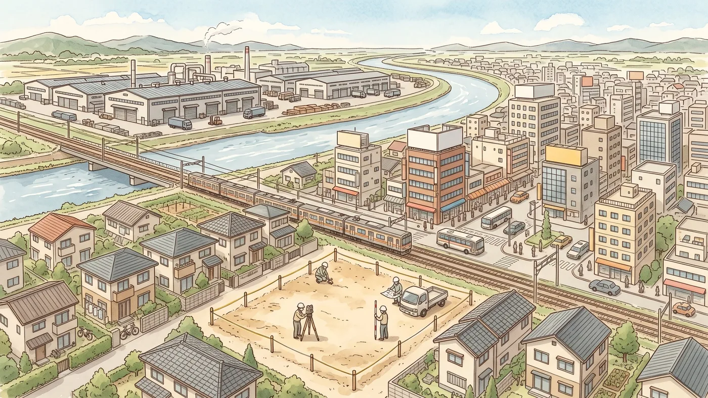 測量中の住宅地、駅前の商業地、川向こうの工場地帯を手前から奥へ見渡す町の鳥瞰図の水彩画