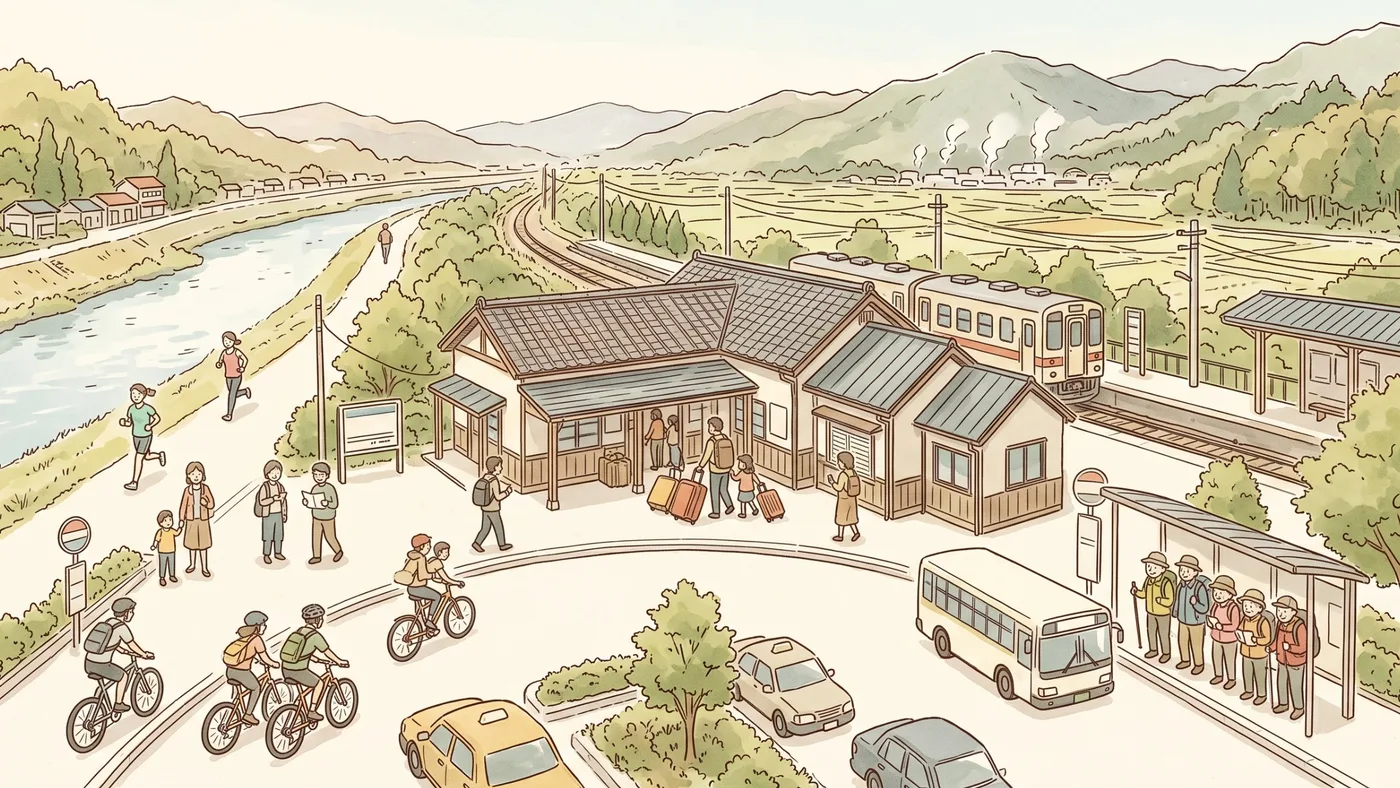 山あいの駅前で、旅行かばんを引いて駅に入る家族、自転車で出かける若者たち、川沿いを走る人、バス停に並ぶ山歩き姿のお年寄りを描いた水彩画
