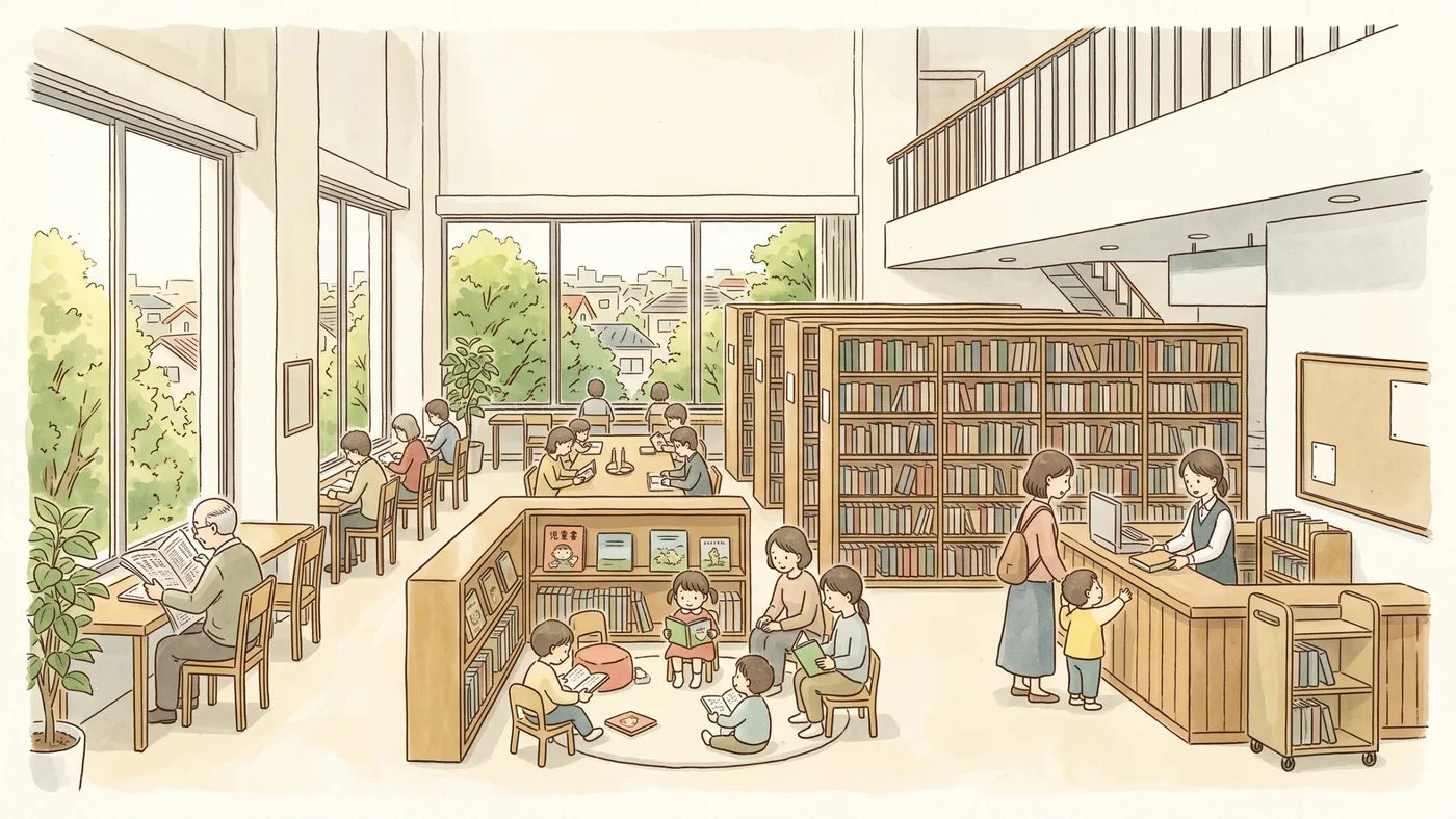 明るい図書館の中で、窓辺で新聞を読むお年寄り、絵本を囲む子どもたち、貸出カウンターで本を受け取る親子を描いた水彩画