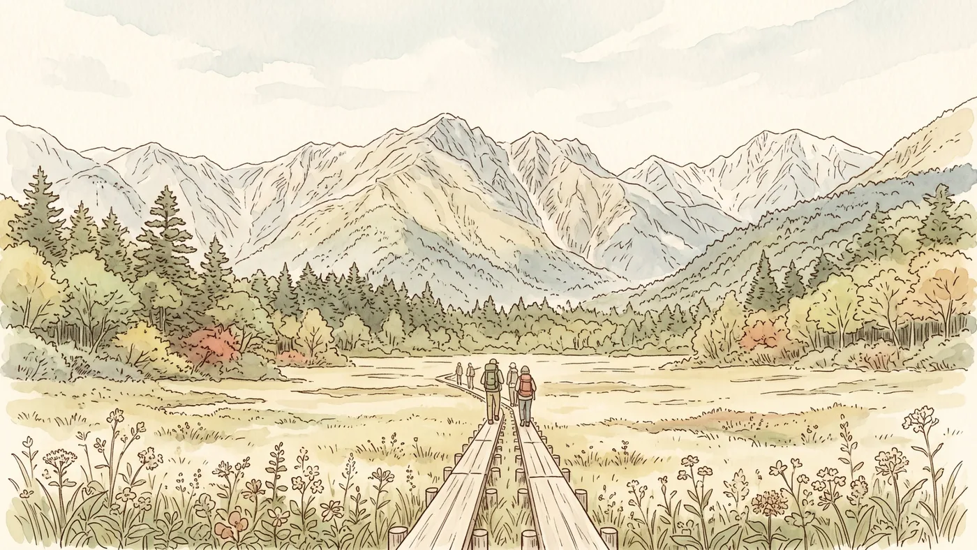 高い山並みを背に、湿原の木道を歩くハイカーたちの水彩画