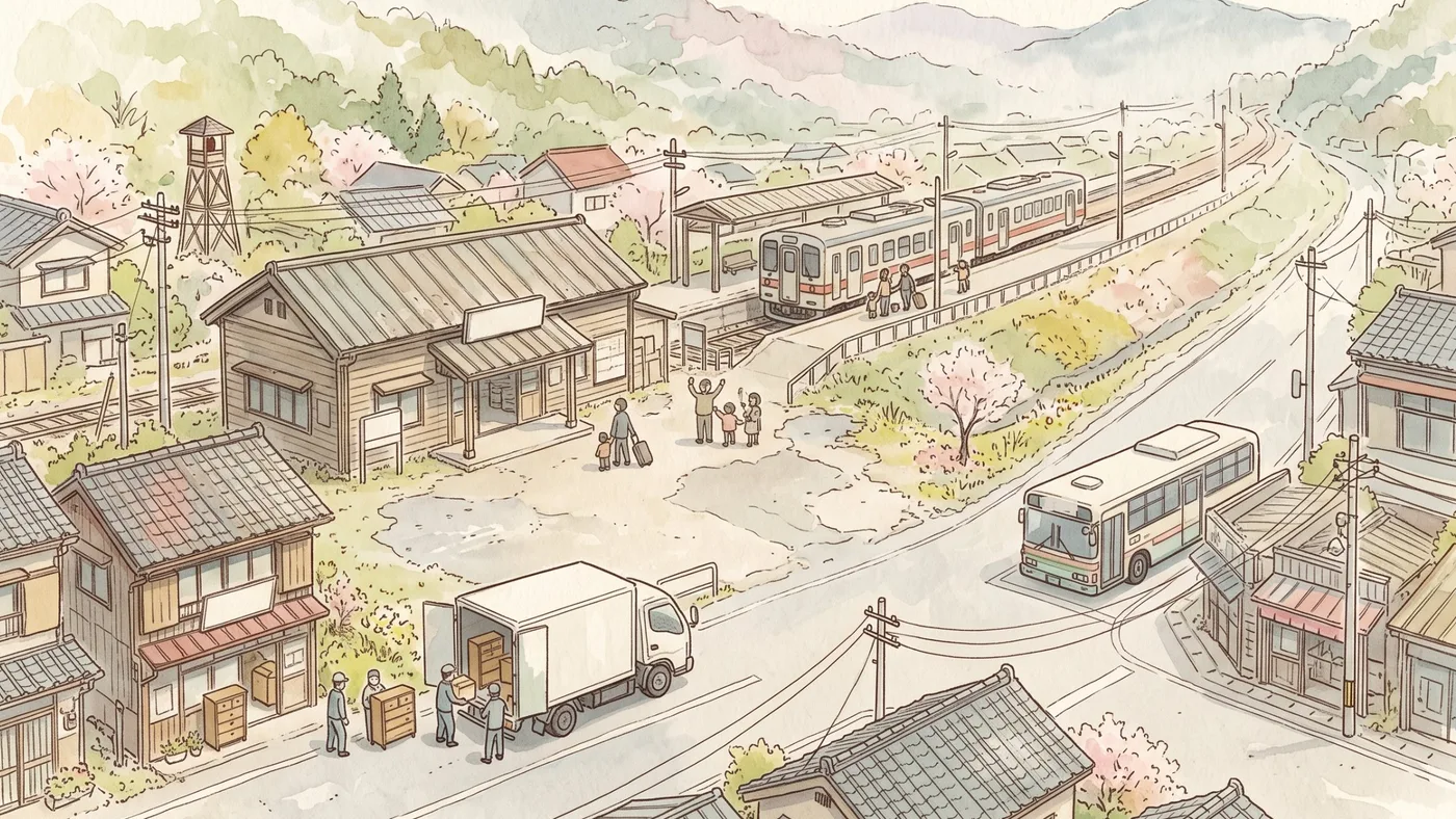桜の咲く山あいの駅前で、ホームから列車に乗る家族と手を振って見送る人たち、通りでは引っ越しのトラックから家具を運び入れる人、角にバスがとまっている水彩画