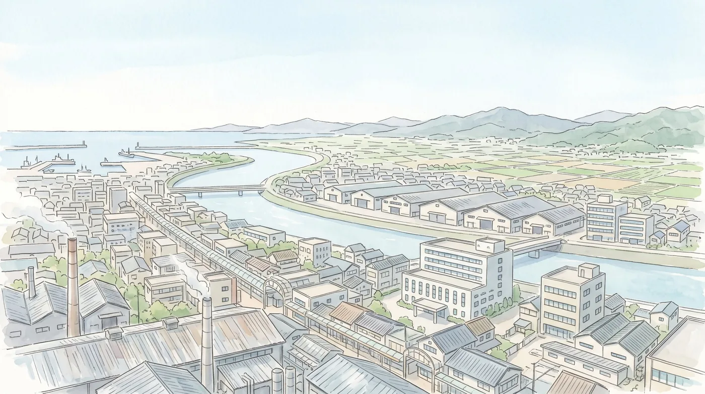 港と河口のある県の中心の町を高いところから見た鳥瞰図。手前に工場の煙突と商店街のアーケード、川沿いに倉庫と事務所のビル、奥に田畑と山並みが広がる水彩画