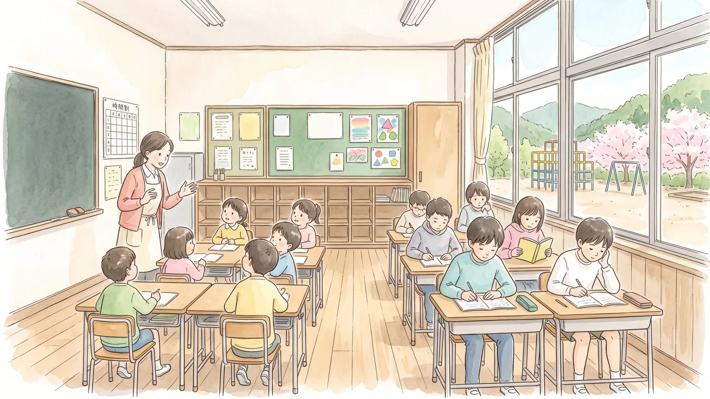 小学校の教室で、黒板の前の先生が片方の机の列に話しかけ、もう片方の列の子どもたちが自分でノートに書いている、2つの学年が1つの教室で学ぶ様子を描いた水彩画