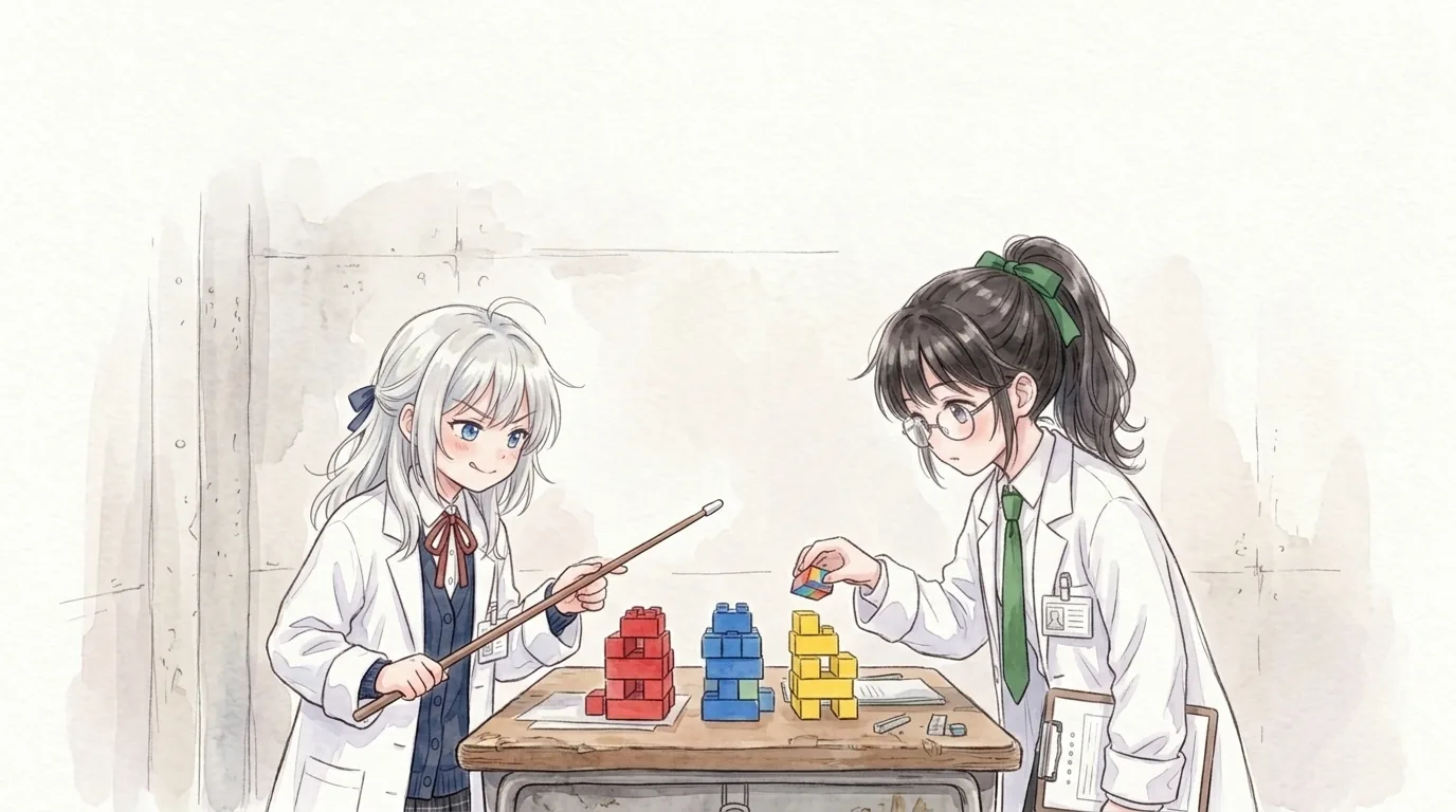 木の机の上に赤・青・黄の積み木を三つの山に分け、知秋が指し棒で指し、一葉が一つ置こうとする水彩画