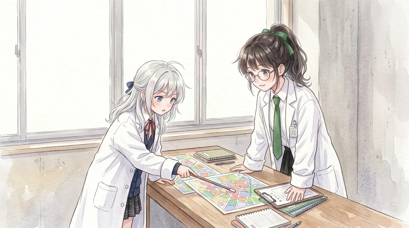 窓辺の木の机に二枚の町の地図を並べ、知秋が指し棒で片方を指し、一葉が机に手をついて見くらべる水彩画
