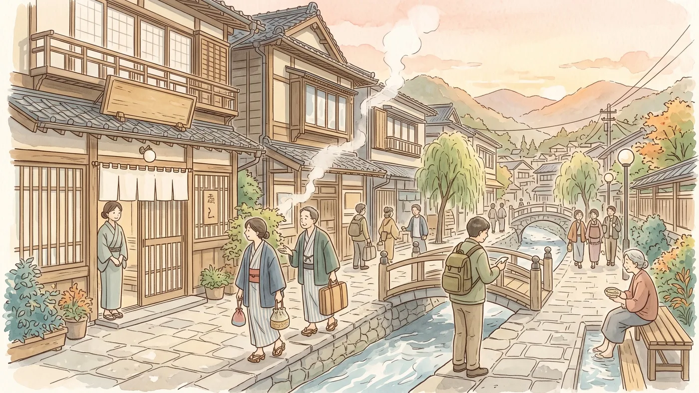 川沿いの温泉街を、浴衣姿や荷物を持った旅行者が歩く水彩画