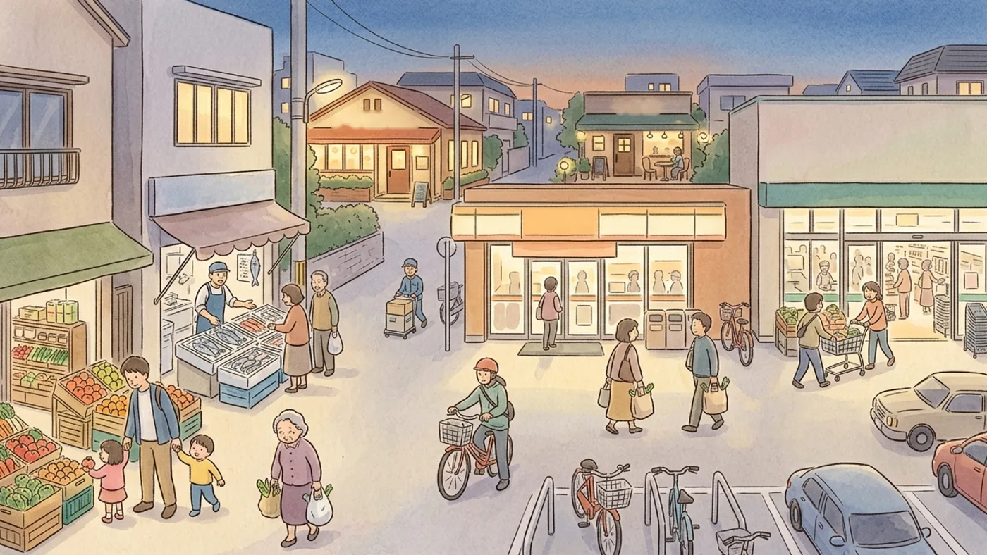 夕方の町で、八百屋と魚屋の店先で買い物をする親子やお年寄り、明かりのついたコンビニとスーパー、奥のレストランと喫茶店を描いた水彩画