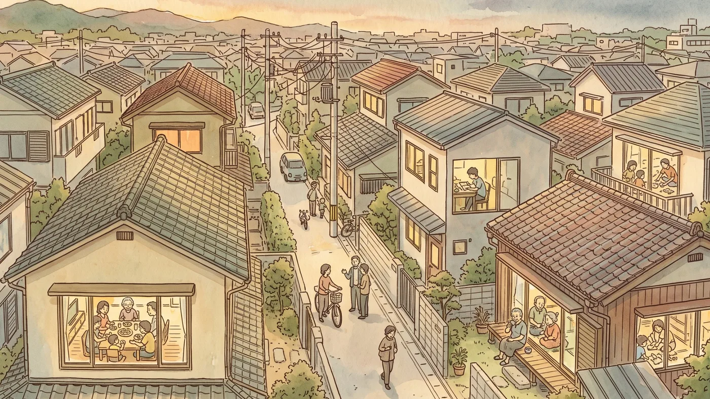 夕暮れの住宅街で、明かりのともる窓に三世代で食卓を囲む家族、机に向かう若者、縁側でお茶を飲む老夫婦が見え、路地では近所の人が立ち話をしている水彩画