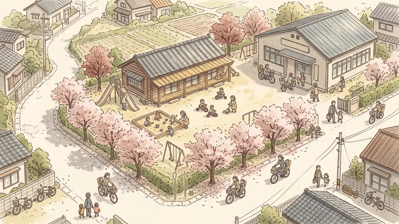 桜並木に囲まれた木造の保育所の園庭で砂場や三輪車で遊ぶ子どもたちと、隣の児童館へ自転車で子どもを送る親たちを描いた鳥瞰の水彩画