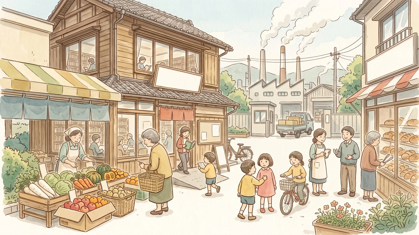 明るい町工場で部品を組み立てる人々と、開いた戸口の向こうに見える軽トラックと商店の水彩画