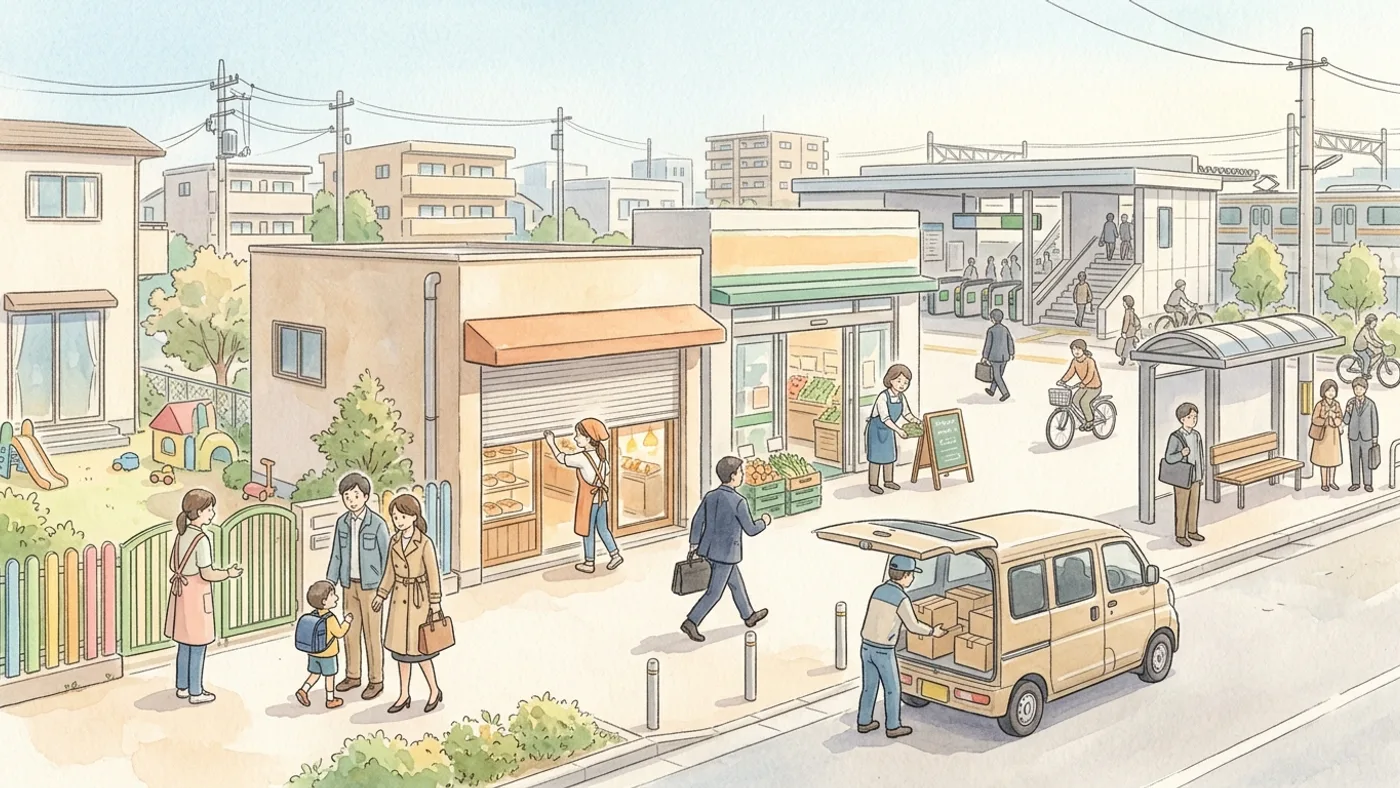 朝の駅前で、保育園の門に子どもを送る夫婦、シャッターを開けるパン屋の人、野菜を並べる店員、かばんを持って歩く人、荷物を積む配達の人、バス停で待つ人を描いた水彩画